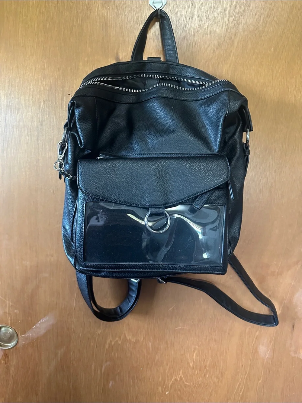 Black Faux Leather Women's Backpack with Clear Front Pocket